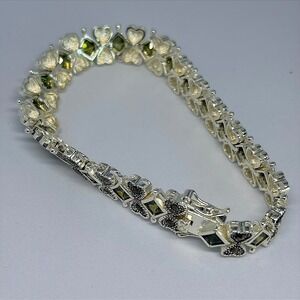 Sterling Silver 925 Marcasite Link Bracelet Green Peridot Stones Heart Butterfly
